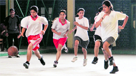 A match in progress during the 8th Gardner Silver Jubilee Inter-School Basketball Tournament for Girls at St Thomas College in Dehradun on Tuesday.