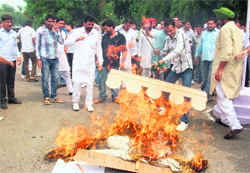 Members of the INLD youth wing and the Indian National Students Organisation (INSO) burn an effigy of Naveen Jindal, MP, in protest against the illegal allotment of coal blocks to Jindals companies in Kurukshetra on Tuesday. Tribune photo