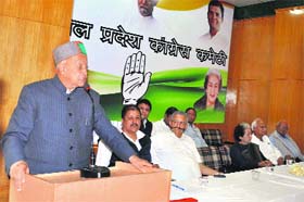 HPCC chief Virbhadra Singh addresses a meeting at the party office in Shimla on Tuesday