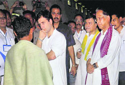 Congress General Secretary Rahul Gandhi meets victims of ethnic violence at a relief camp in Kokrajhar on Tuesday. Assam CM Tarun Gogoi is also seen. 