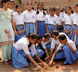 Students of LRS DAV School planting a sapling on the premises of the Civil Hospital in Abohar