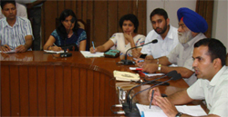 The District Electoral Officer-cum-Deputy Commissioner, Kamal Kishore Yadav, (extreme right) presiding over a meeting of various heads of government and educational institutions in Bathinda on Wednesday. A Tribune photograph