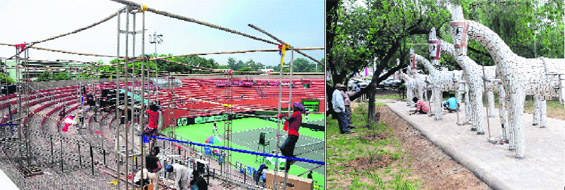 Workers ready the CLTA Complex for the Davis Cup in Chandigarh on Wednesday; (right) Nek Chand creations displayed at the entrance gate of the Davis Cup venue, CLTA Complex, Sector 10, Chandigarh, on Wednesday. 