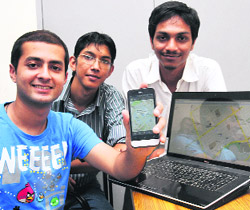 Students of the UIET display the GPS-based tracking system developed by them in Chandigarh. 