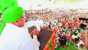 INLD supremo Om Parkash Chautala addresses a public meeting at Rania village in Sirsa district on Wednesday.