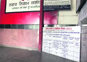 A board on the RTS Act at the entrance of the Municipal Corporation has phone numbers of designated officers who have long been transferred from Jalandhar