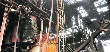The charred remains of the factory unit belonging to Sanjiv Agro Pvt Ltd at the Focal Point in Khanna. 