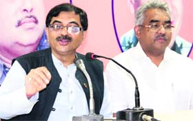 Tarun Vijay, BJP Rajya Sabha member, addresses a press conference in Dehradun on Thursday