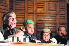 Parliamentary Affairs Minister Pawan Kumar Bansal addresses mediapersons in Shimla on Thursday