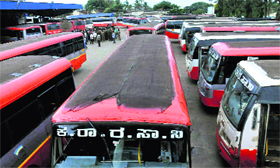 Buses parked at a depot during a strike by state transport employees in Chikmagalur, Karnataka, on Thursday.
