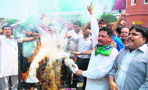 Members of the Sports Cell of the BJP burn effigies of Prime Minister Manmohan Singh and UPA Chairperson Sonia Gandhi to protest against the hike in prices of diesel and LPG in Amritsar on Friday.