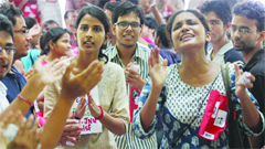 Gung-ho AISA supporters at JNU urge the students to cast their votes on Friday. Tribune photo: Manas Ranjan Bhui
