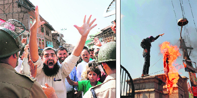 Muslims raise anti-US slogans during a protest against controversial film Innocence of Muslims in Srinagar on Friday; and (right) a protester burns a US flag during a demonstration. 