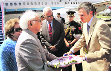 Vice-President Hamid Ansari and his wife Salma Ansari being received by Governor NN Vohra and Chief Minister Omar Abdullah at the airport in Srinagar on Friday.