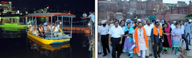 Bathinda Mayor Baljit Singh Bir Behman takes the visiting dignitaries for a shikara ride in the Thermal lake on Saturday evening; the guests coming out of the historic Quila Mubarak after a visit to the place. 