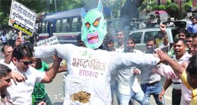 BJP activists burn an effigy of the UPA government during a protest in New Delhi on Saturday