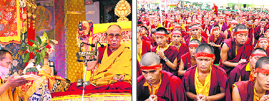 The Dalai Lama conducts prayers at a monastery in Dehradun on Saturday; and (right) Tibetan lamas offer prayers. 