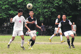 A match in progress during the Dehradun District Football League in Dehradun on Saturday. 