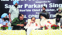 Chief Minister Parkash Singh Badal, Mayors council chairman Krishan Murari Moghe (centre) and Madhya Pradesh Home Minister Uma Shankar in Bathinda. Tribune photo: Pawan Sharma