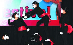 Students participate in a mime competition during the youth festival at Guru Nanak Dev University in Amritsar on Sunday.