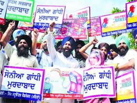 Activists of the Sikh Student Federation protests against the hike in prices of diesel and LPG and allowing 51 per cent FDI in multi-brand retail in Amritsar on Sunday.