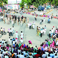Special trainer teachers stage dharna near the bus stand in Bathinda on Sunday.