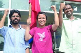 AISA candidates (from left) Shakeel Anjum, Minakshi Buragohain and Piyush Raj, elected the general secretary, vice- president, and secretary, respectively
