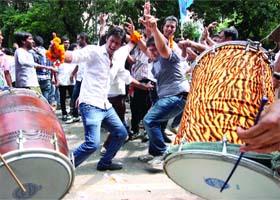 NSUI members celebrate their victory in DUSU elections
