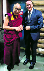 The Principal of Woodstock School, Dr Jonathan Lang, with the Dalai Lama in Mussoorie on Sunday