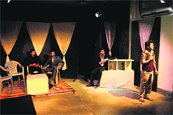 A scene from the play Reunionwhich was staged at the Natrang Theatre in Jammu on Sunday.