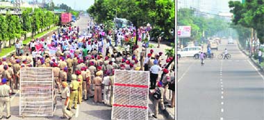Police personnel tackle protesting teachers near Vardhman Spinning Mills on the Ludhiana-Chandigarh road on Sunday; and (right) a deserted road