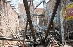 A view of the under-construction structure that collapsed in the vegetable market on Monday morning. Tribune photo: Pawan Sharma 