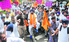 Youth Akali Dal president Bikram Singh Majithia during a protest against diesel price hike in Chandigarh on Monday.