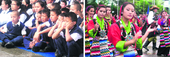 Tibetan students listen to the Dalai Lama in Mussoorie on Monday (L) and (below) girls perform a dance. 