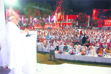 Chief Minister Bhupinder Singh Hooda addresses a mushaira audience at Kuber Vatika in Sonepat.