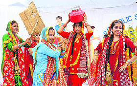 Students of RS Public Senior Secondary School perform a dance at a function in Karnal. 