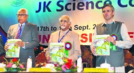 Vice-President Hamid Ansari flanked by Governor NN Vohra and Chief Minister Omar Abdullah at the inauguration of 8th J&K Science Congress in Srinagar on Monday.
