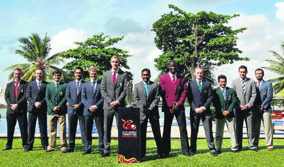 Cricket captains from various countries pose with the trophy during an official World Twenty 20 captains photograph in Colombo. The captains pictured are, (L-R) Zimbabwe's Brendan Taylor, South Africa's AB de Villiers, Pakistan's Mohammad Hafeez, India's Mahendra Singh Dhoni, Australia's George Bailey, England's Stuart Broad, Sri Lanka's Mahela Jayawardene, West Indies' Darren Sammy, Ireland's William Porterfield, Bangladesh's Mushfiqur, New Zealand's Ross Taylor, and Afghanistan's Nawroz Mangal.