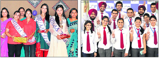 First-year students of KMV College after being chosen in the Miss Fresher Contest during a freshers party; and (right) students of CT Group of Institutions who have got placements in IT companies pose for a group photo on the campus in Jalandhar on Tuesday.