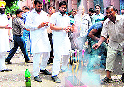 BJP workers celebrate the election of Bakshi Ram Arora as the new mayor at the MC Office in Amritsar
