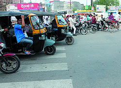 Vehicles halt on the zebra crossings at Hanuman Chowk traffic lights in Bathinda on Wednesday