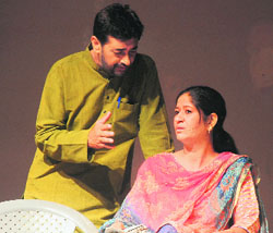 Artistes stage a play, Baaki itehass in Chandigarh on Wednesday.