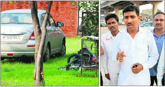The car and the mangled remains of the bike involved in the accident, at the police post at Sector 21 in Panchkula on Wednesday; and (right) an eyewitness, Mukesh, narrates the incident at Zirakpur.