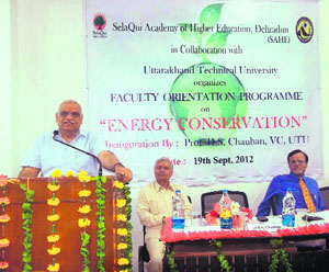 Prof DS Chauhan, Vice Chancellor, Uttarakhand Technical University, speaks at an orientation programme in Dehradun on Wednesday.