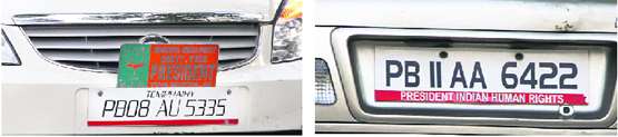 Vehicle number plates carrying a party logo; and (right) designation of a social organisation in Jalandhar. Photos: Sarabjit Singh