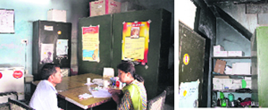 A doctor checks a patient at the Civil Dispensary, Gandhi Camp, in Jalandhar on Wednesday; and (right) the dispensary in a bad shape. Photos: Sarabjit Singh