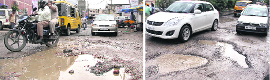 Roads have developed big potholes at New Red Cross Market; and (right) Workshop Chowk due to continuous heavy rains in Jalandhar. Tribune photos: Malkiat Singh