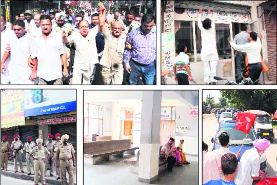 (Clockwise from top) Mayor Bakshi Ram Arora lead a protest of BJP workers during Bharat Bandh against the hike in diesel prices and allowing FDI in multi-brand retail. Shiv Sena workers enforce closure of shops in Amritsar during Bharat Bandh. CPI workers hold a blockade on Majitha road a road during Bharat Bandh. The Civil Hospital wears a deserted look. 