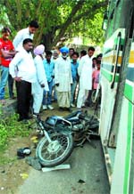 The bike that was hit by a bus on Multania road on Thursday killing two and injuring two others