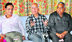 National vice-president of the BJP Shanta Kumar (centre), along with Industries Minister Kishan Kapoor and Food and Civil Supplies Minister Ramesh Dhawala, addresses mediapersons at Dharamsala on Thursday